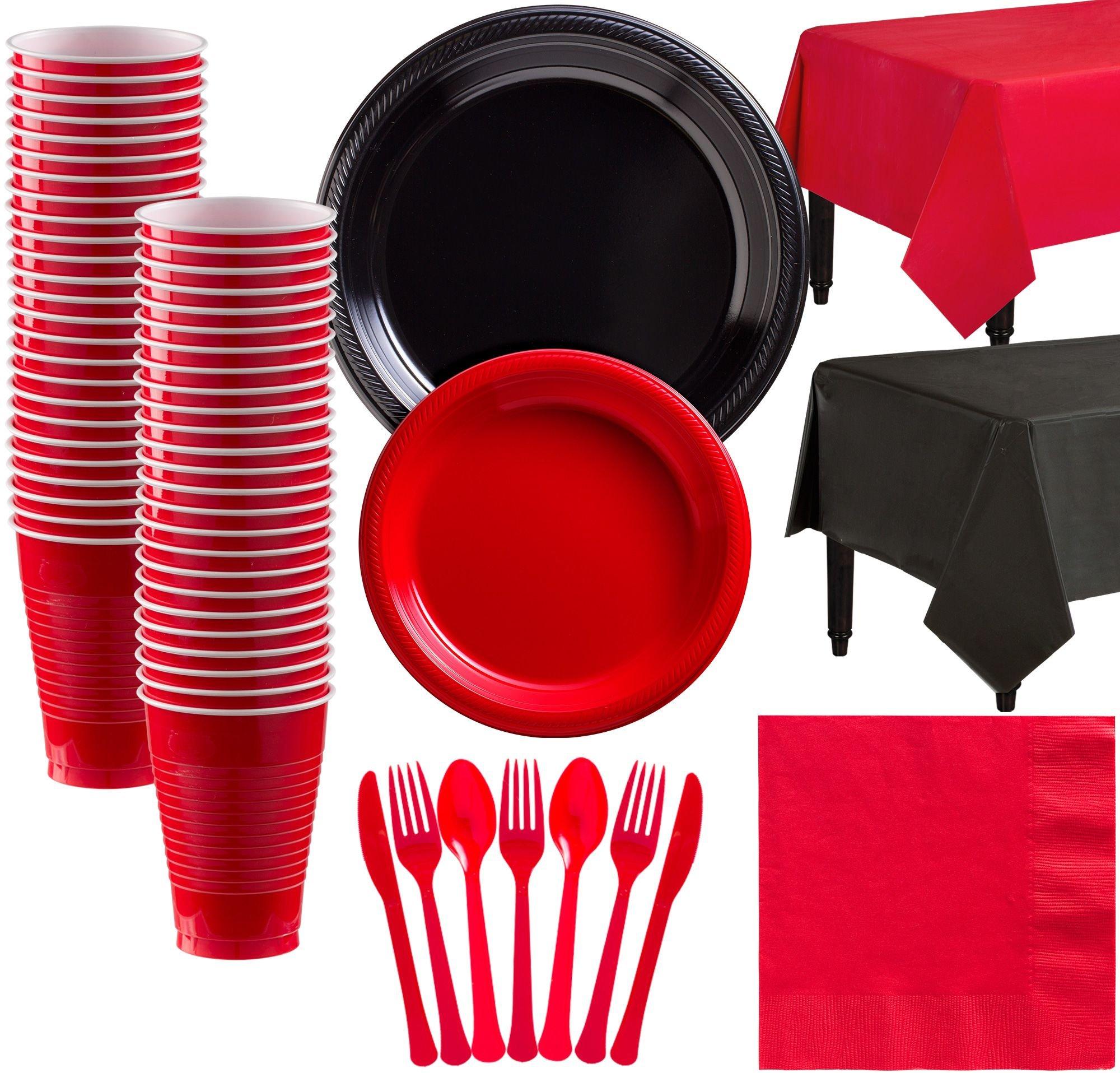 Party City Black and Red Plastic Tableware Kit for 50 Guests, 487 Pieces, Includes Plates, Napkins, and Table Covers