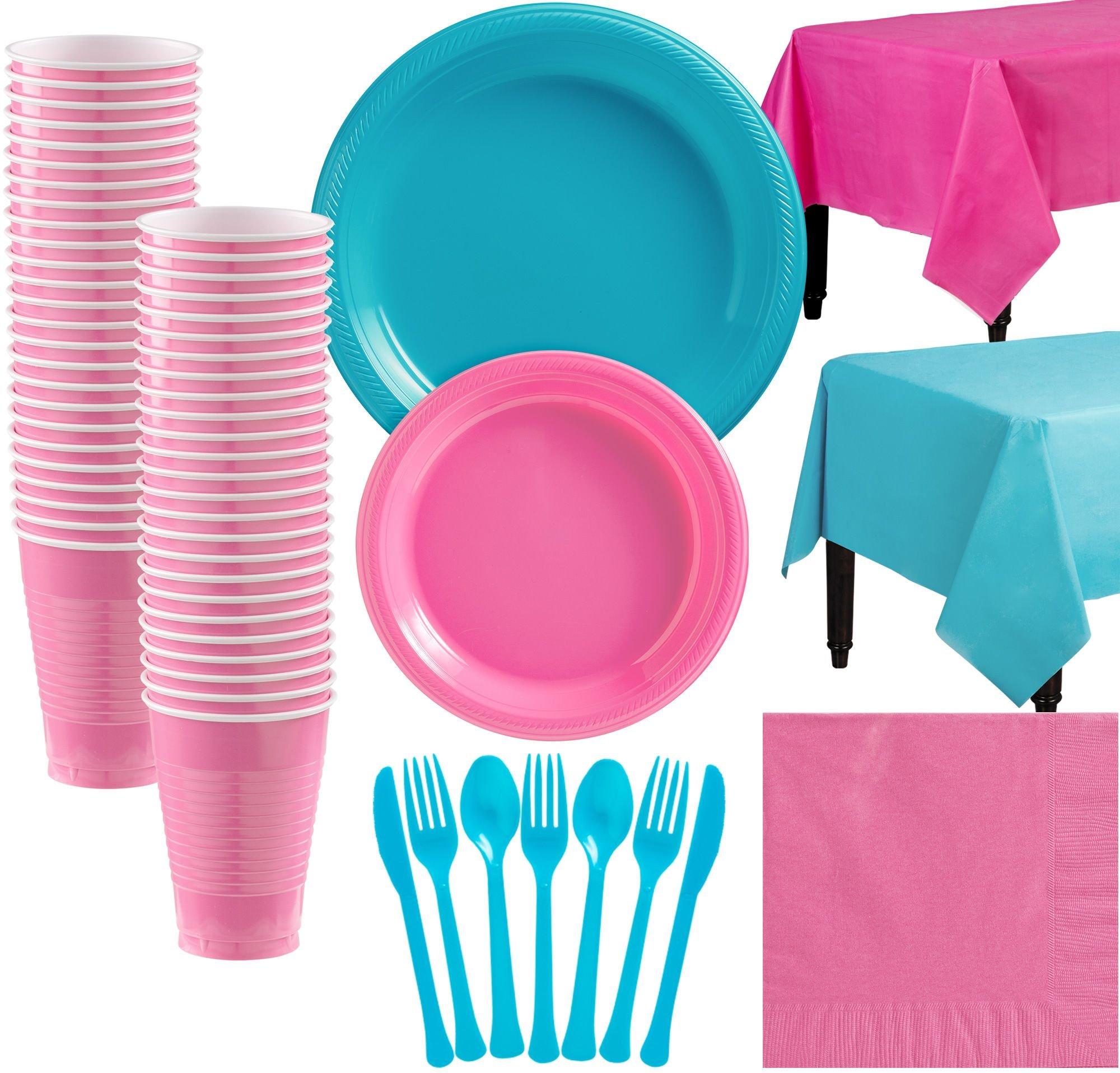Bright Pink & Caribbean Blue Plastic Tableware Kit for 50 Guests ...