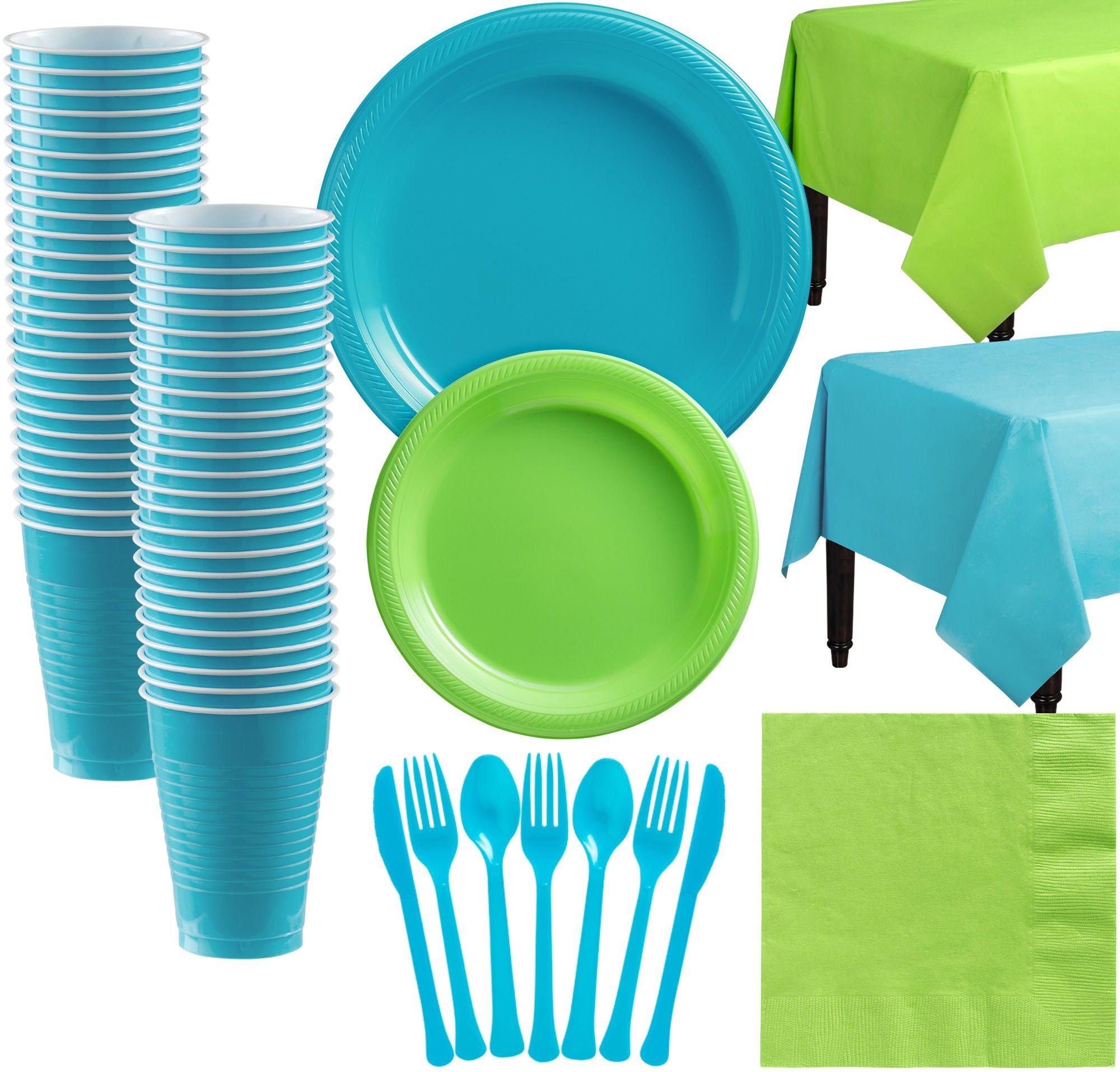 Caribbean Blue & Kiwi Green Plastic Tableware Kit for 50 Guests Party