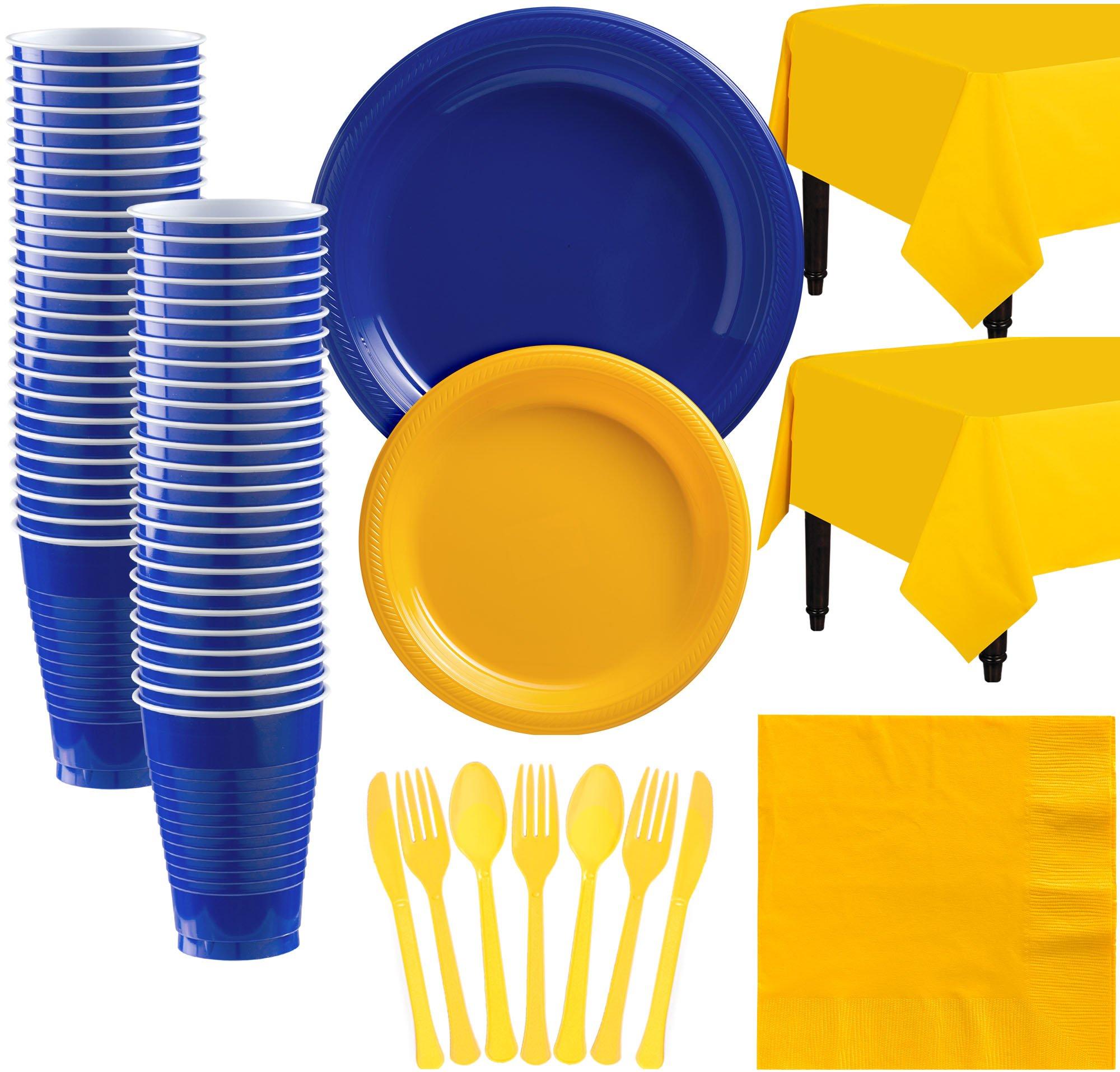 Royal Blue & Sunshine Yellow Plastic Tableware Kit for 50 Guests