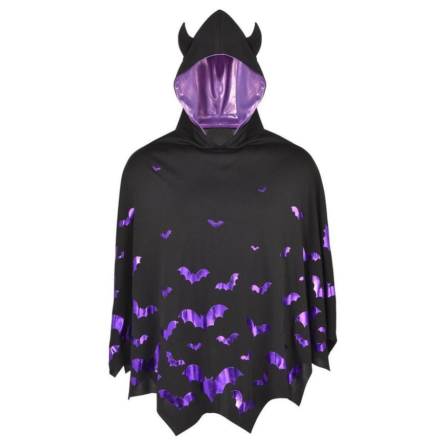 Womens Hooded Poncho Black Cape Purple Bat Ears Easy Halloween Costume Accessory 