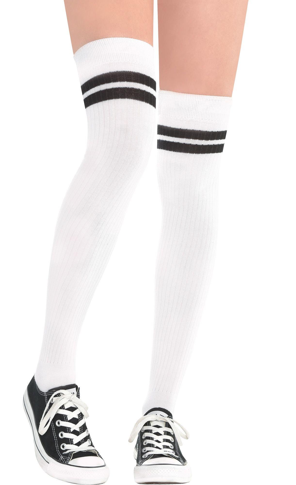 White Stripe Athletic Thigh High Socks