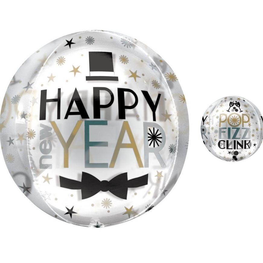 Dapper Night Happy New Year Balloon - See Thru Orbz, 16in