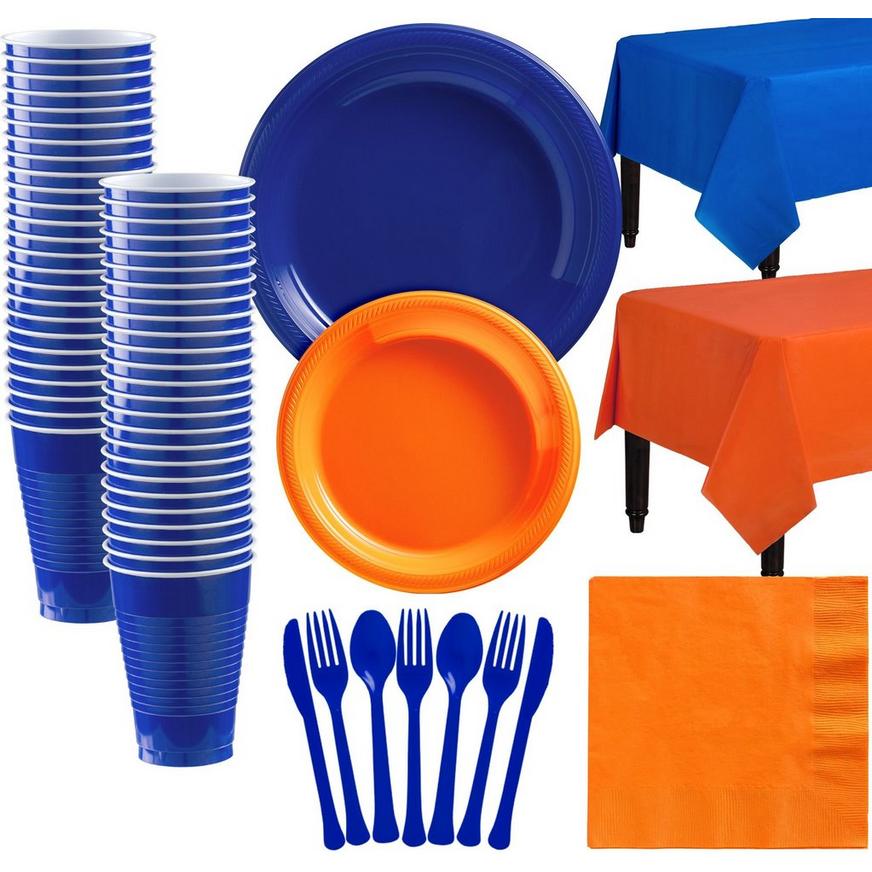 Royal Blue & Orange Plastic Tableware Kit for 50 Guests