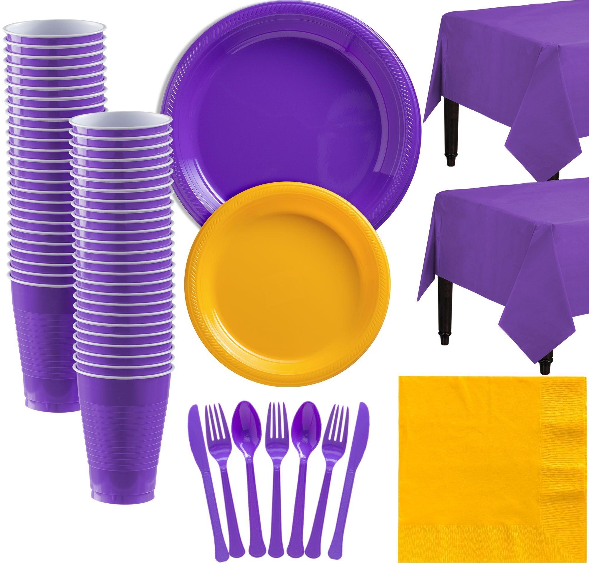 Purple & Sunshine Yellow Plastic Tableware Kit for 50 Guests