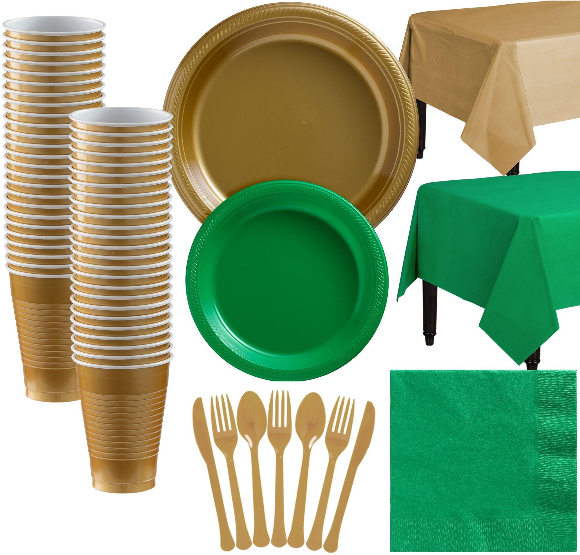 Gold & Green Plastic Tableware Kit for 50 Guests