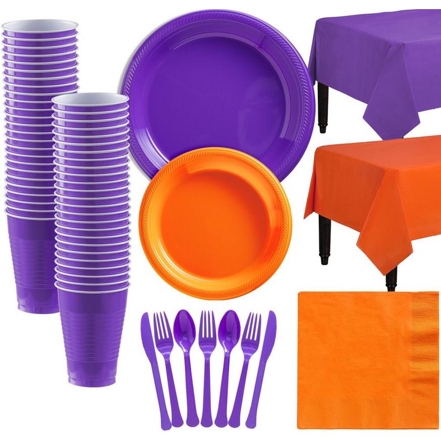Orange & Purple Plastic Tableware Kit for 50 Guests