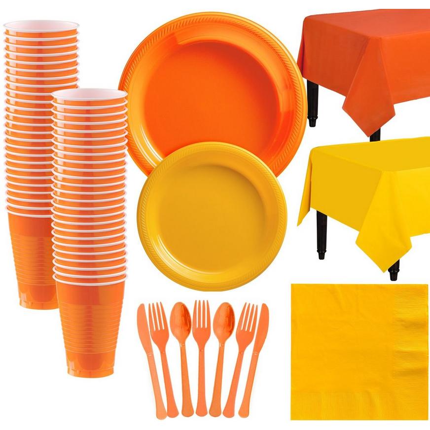 Orange & Sunshine Yellow Plastic Tableware Kit for 50 Guests