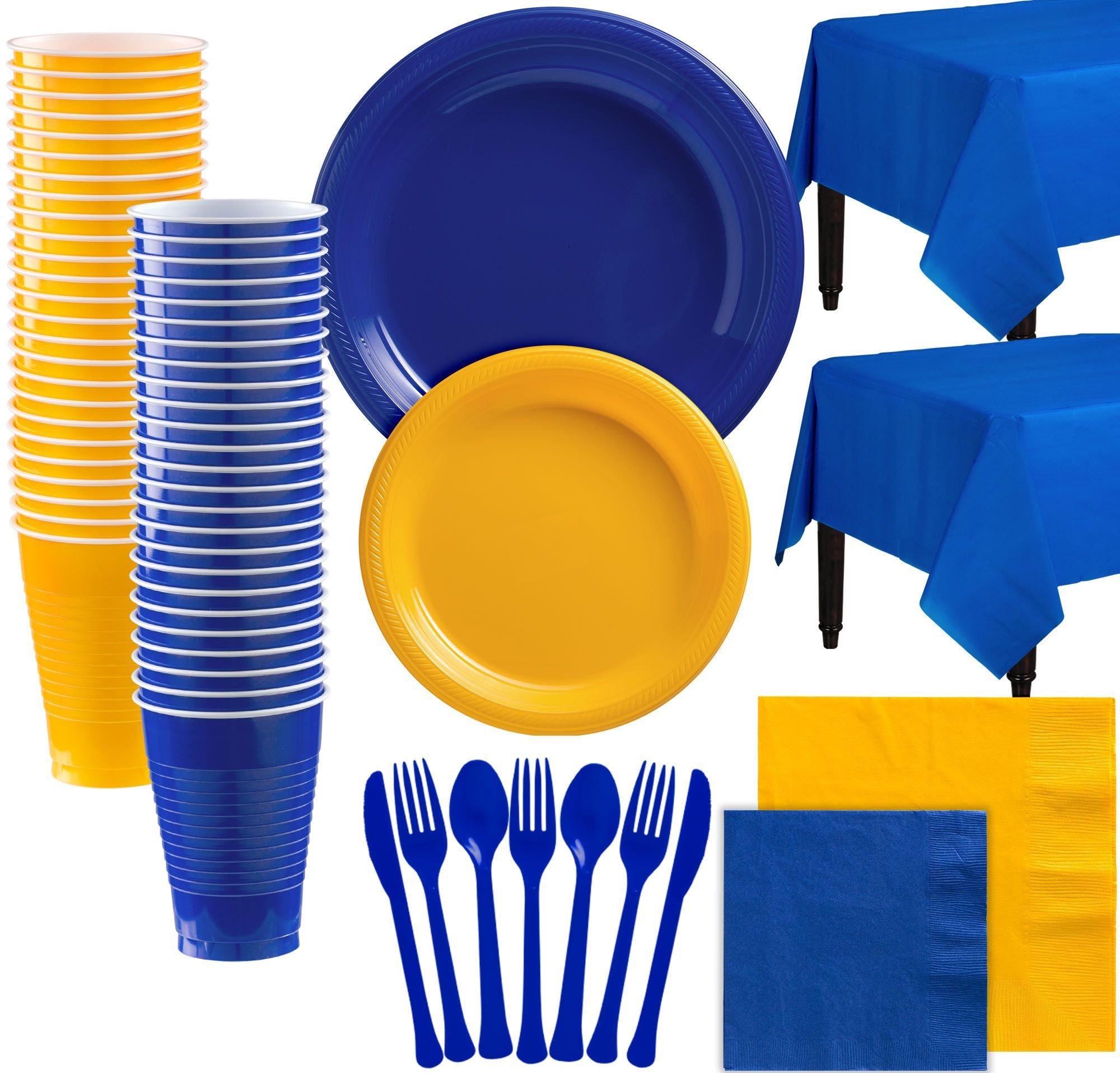Royal Blue & Sunshine Yellow Plastic Tableware Kit for 100 Guests