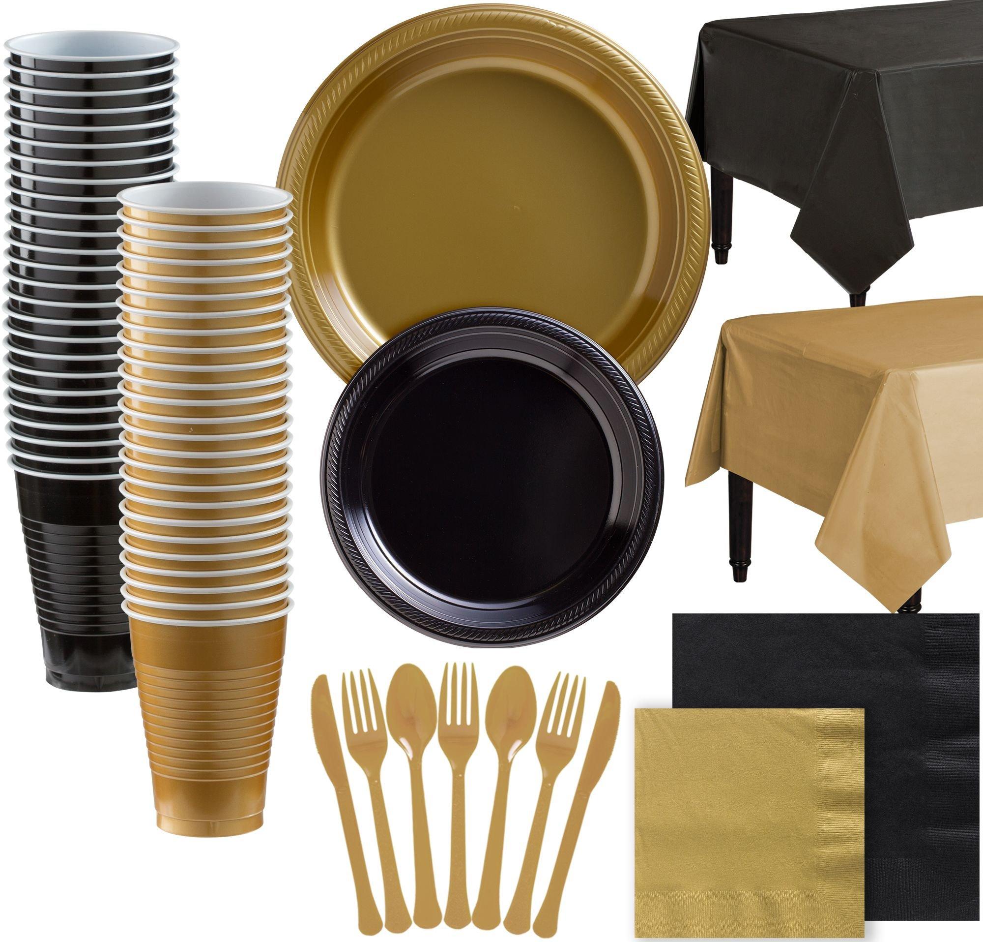 Gold & Black Plastic Tableware Kit for 100 Guests