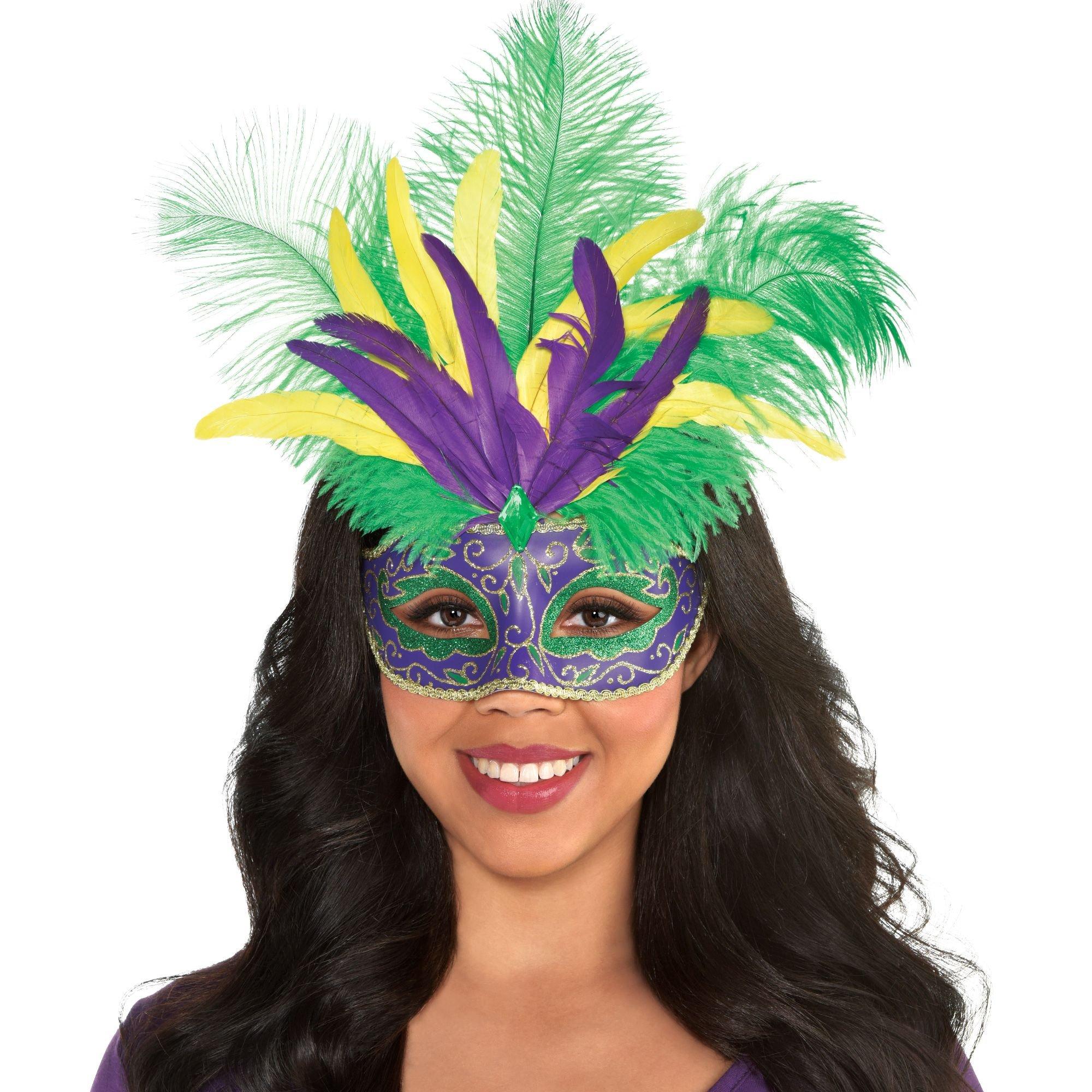 Purple and Green Striped Mask with Feathers (Each) – Mardi Gras Spot