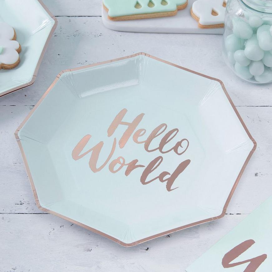 Ginger Ray Metallic Gold and Mint Hello World Lunch Plates 8ct