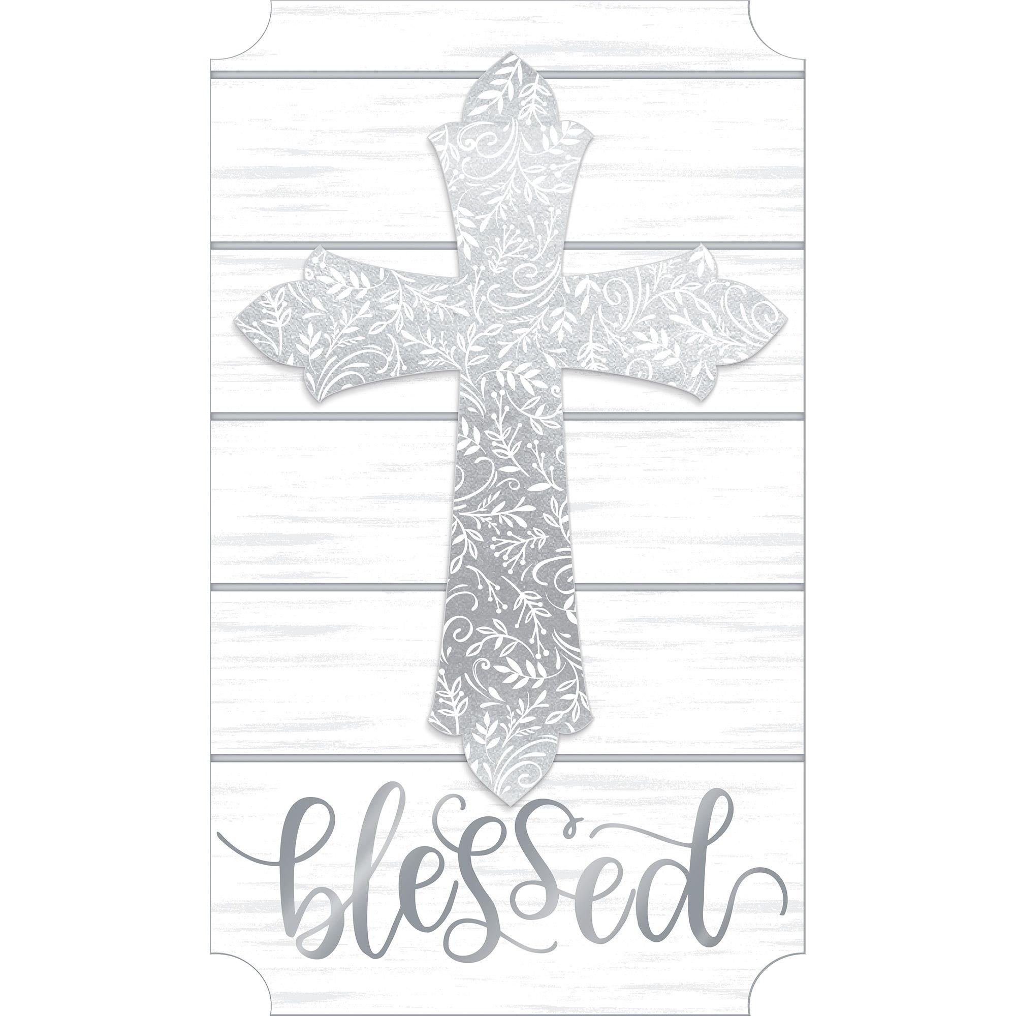 Glitter Silver Blessed Cross Easel Sign