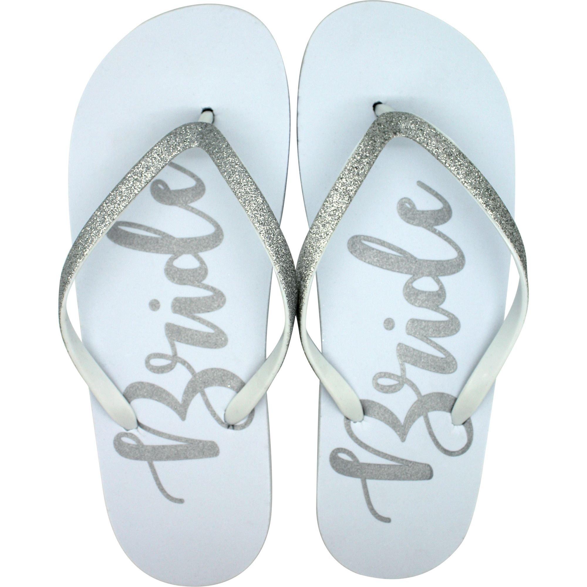 Beach Wedding Flip Flops Just Married Foot Print, White Satin