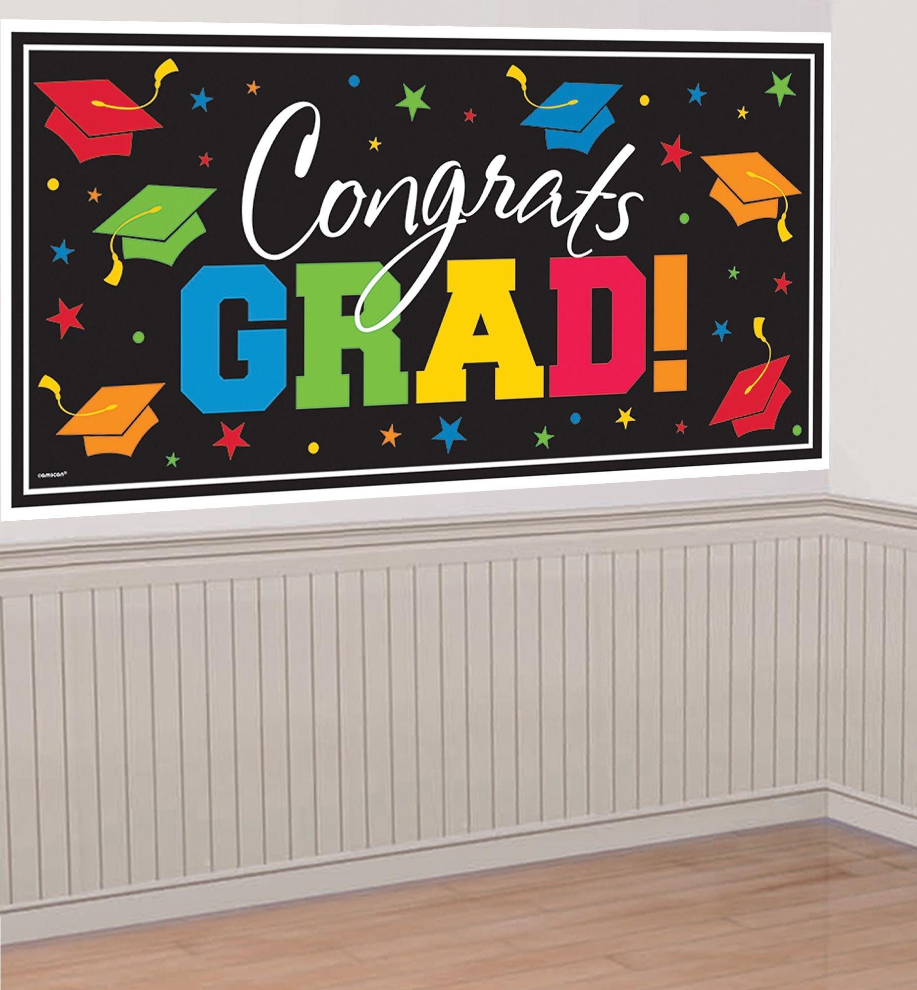 Black & Multicolor Congrats Grad Plastic Banner, 65in x 33.5in