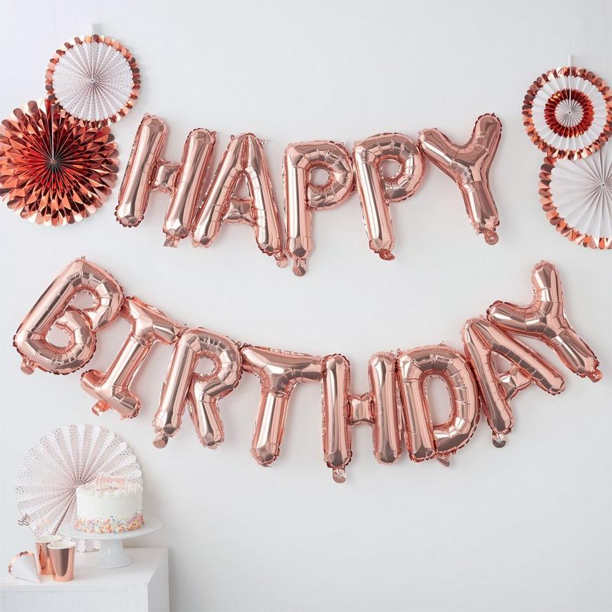 Air-Filled Ginger Ray Rose Gold Happy Birthday Letter Balloon Banners 2ct