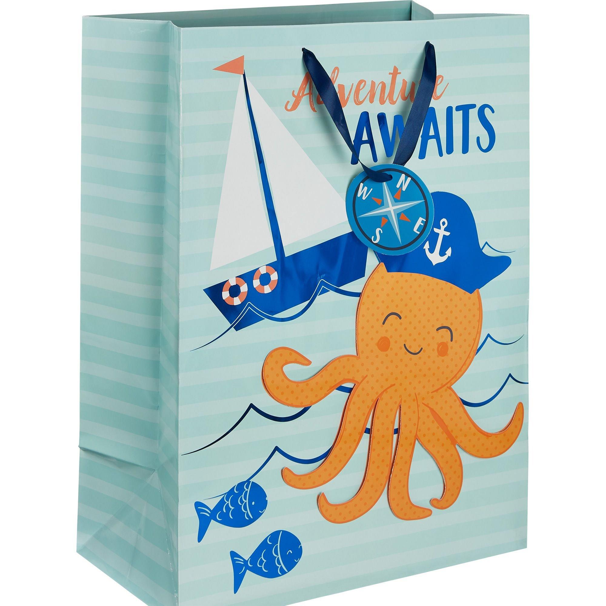 Large Glossy Nautical Adventure Awaits Gift Bag 14 3/4in x 20in Party