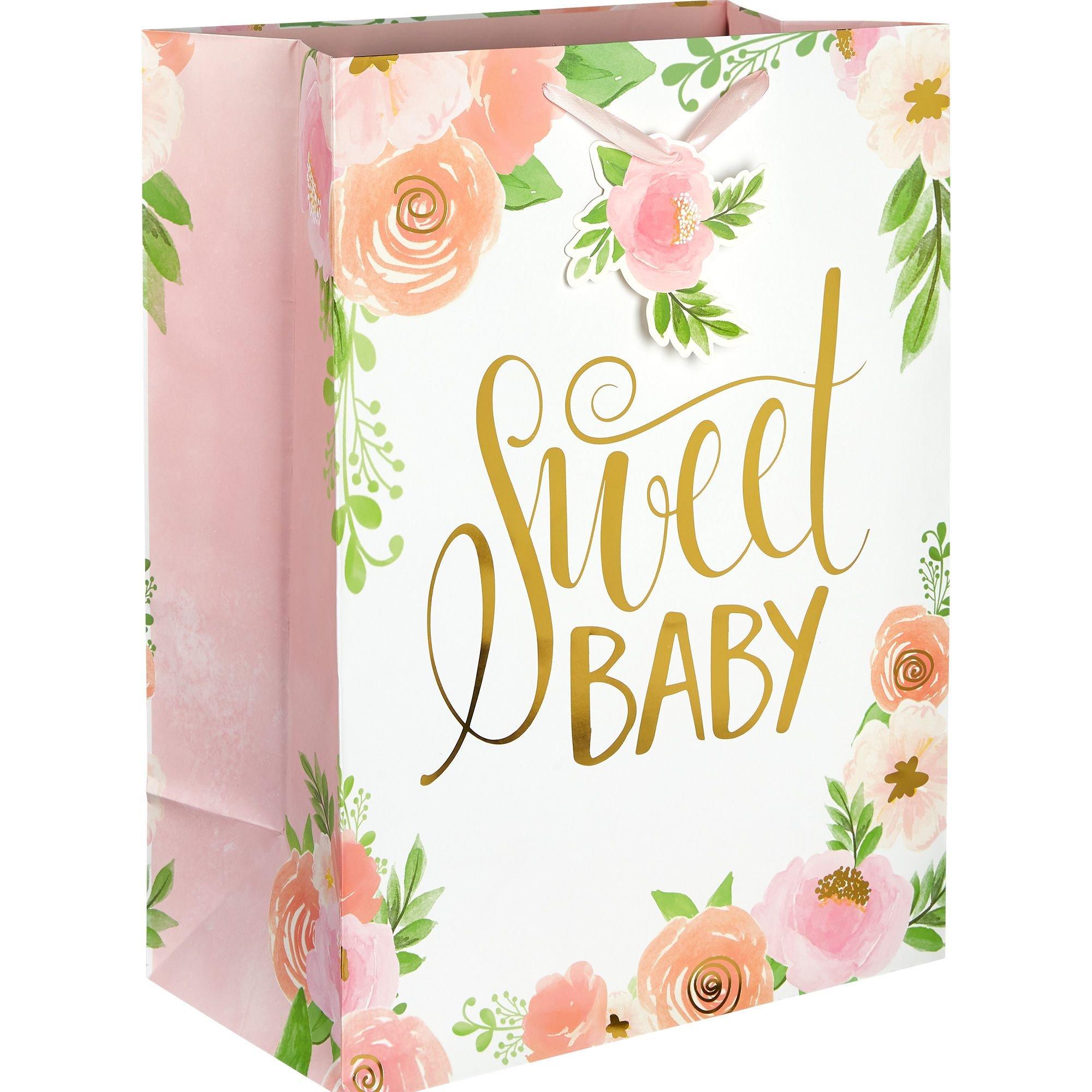 Extra Large Glossy Floral Baby Gift Bag, 14.75in x 20in