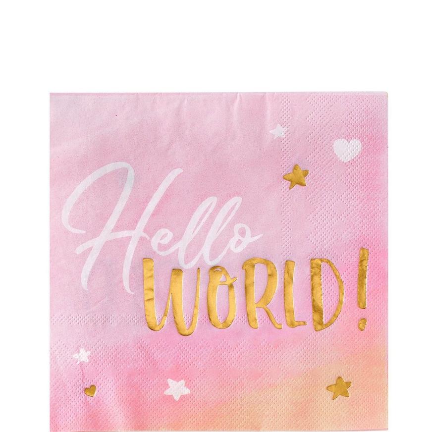 Metallic Gold & Pink Hello World Lunch Napkins 16ct