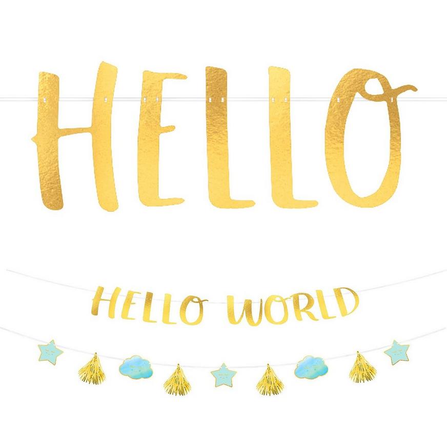 Blue & Metallic Gold Hello World Baby Banner Kit