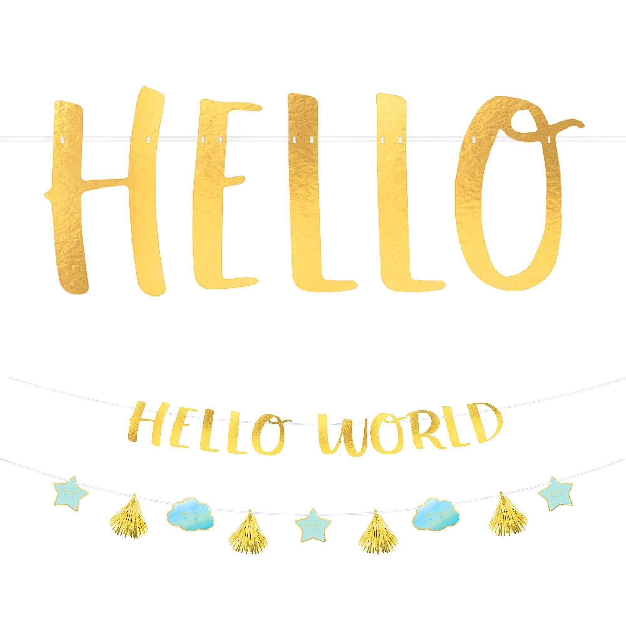 Blue & Metallic Gold Hello World Baby Banner Kit