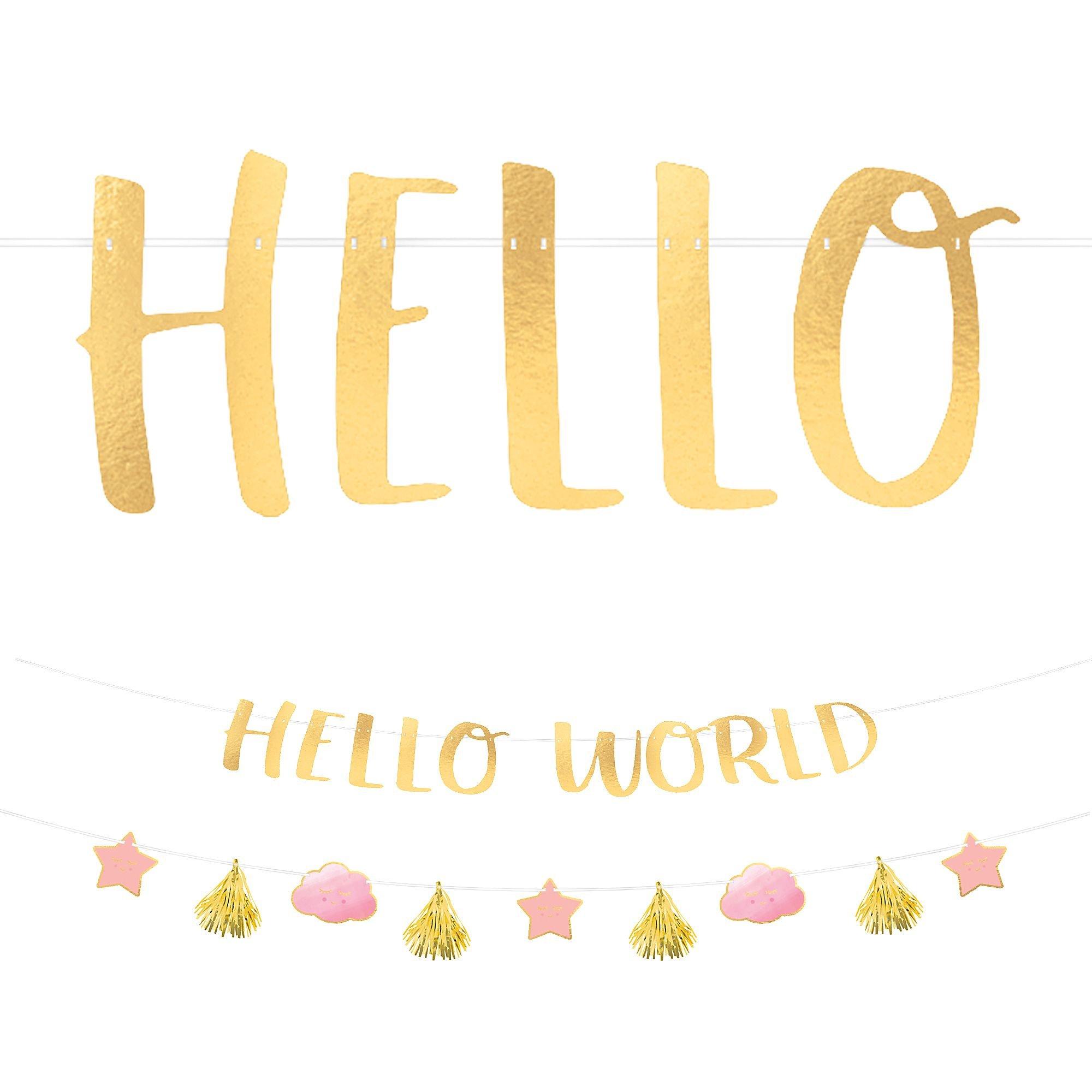 Metallic Gold & Pink Hello World Baby Banner Kit