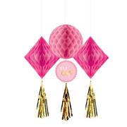 Metallic Gold & Pink It's a Girl Honeycomb Decorations 3ct