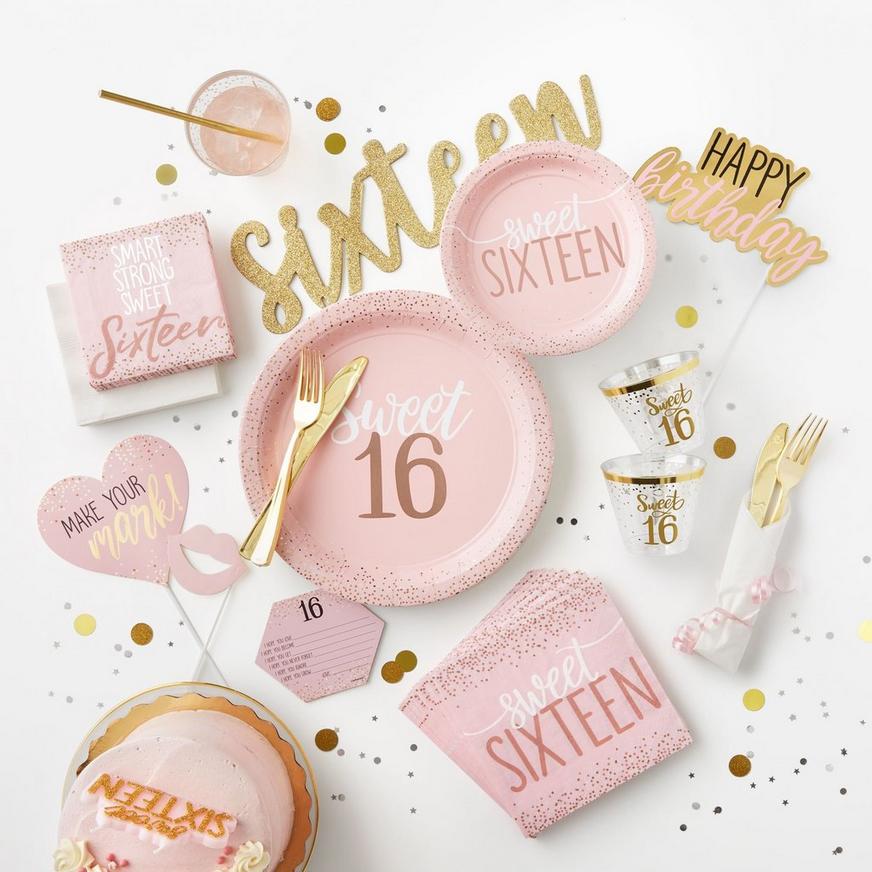 Metallic Rose Gold & Pink Sweet 16 Dessert Plates 8ct