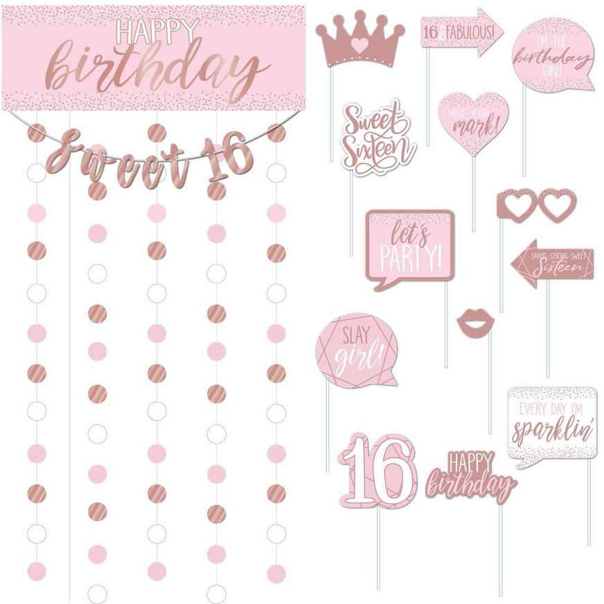 Glitter Gold & Pink Sweet 16 Photo Booth Kit 14pc