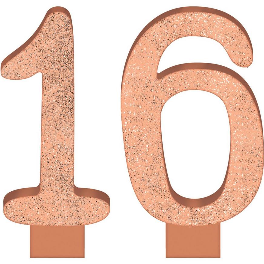 Glitter Rose Gold Number 16 Birthday Candles 2ct