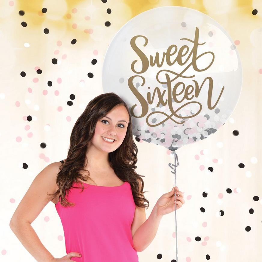 Round Black, Pink & White Sweet 16 Confetti Balloon
