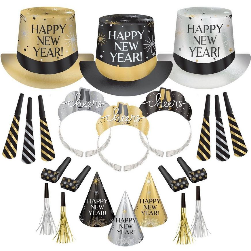 Black, Silver, & Gold New Year's Eve 2023 Decorating & Accessory Kit for 300 Guests