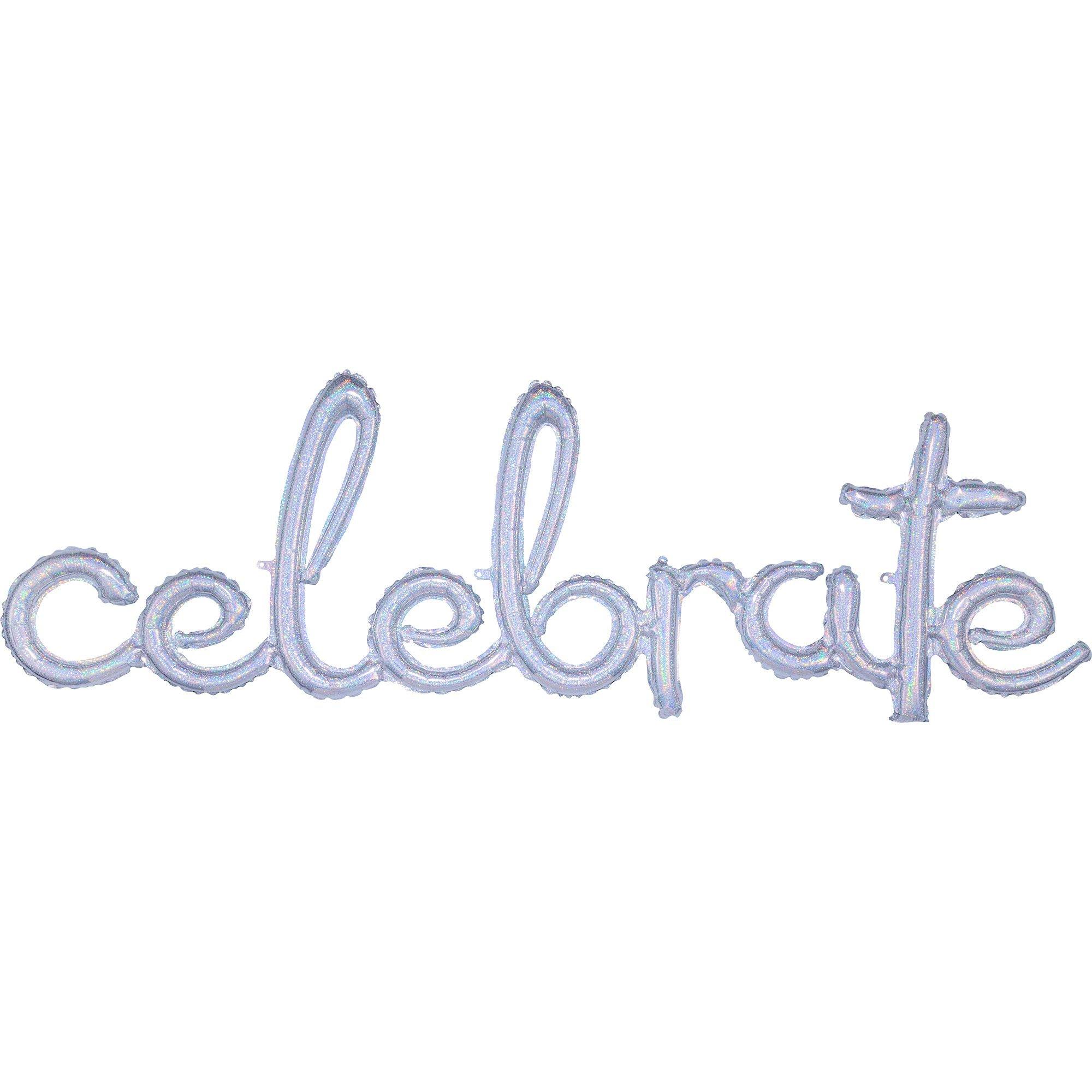 Air-Filled Prismatic Silver Celebrate Cursive Letter Balloon Banner