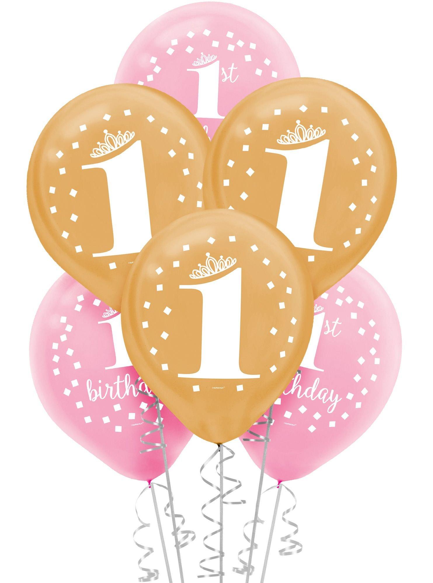 15ct, Pink & Gold Confetti 1st Birthday Balloons