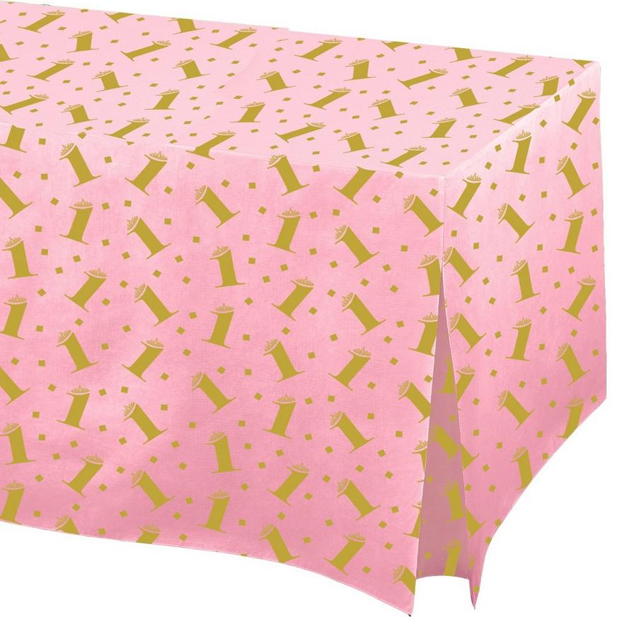 Pink & Gold Confetti 1st Birthday Flannel-Backed Vinyl Fitted Table Cover