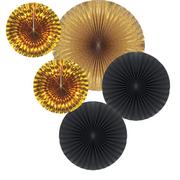Black & Gold Paper Fan Decorations 5ct