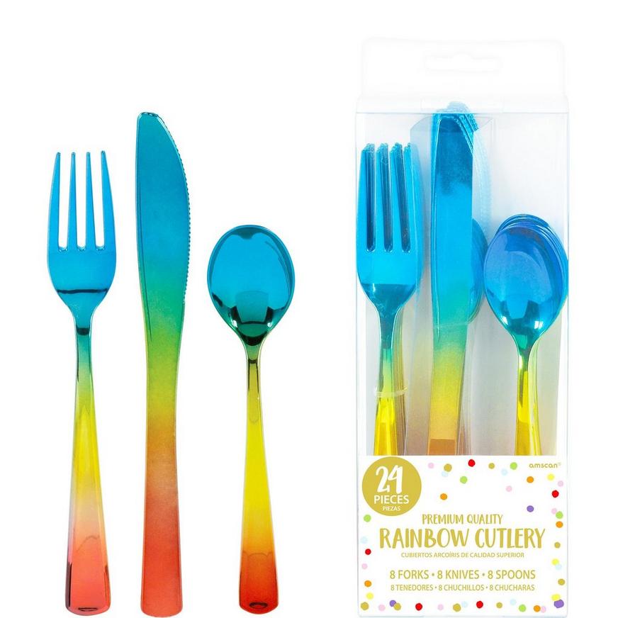 Metallic Rainbow Premium Plastic Cutlery Set 24ct