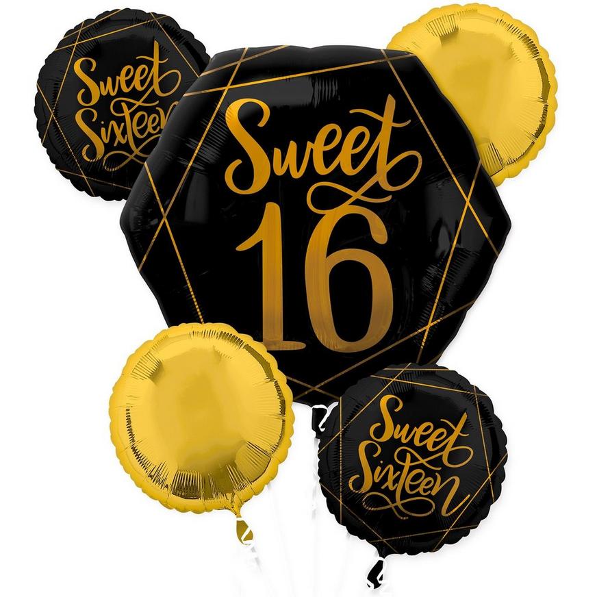 Black & Metallic Gold Sweet 16 Balloon Bouquet 5pc