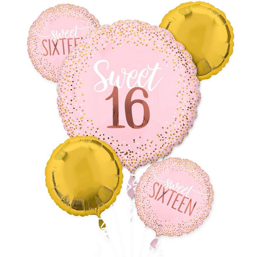 Metallic Gold & Pink Sweet 16 Balloon Bouquet 5pc