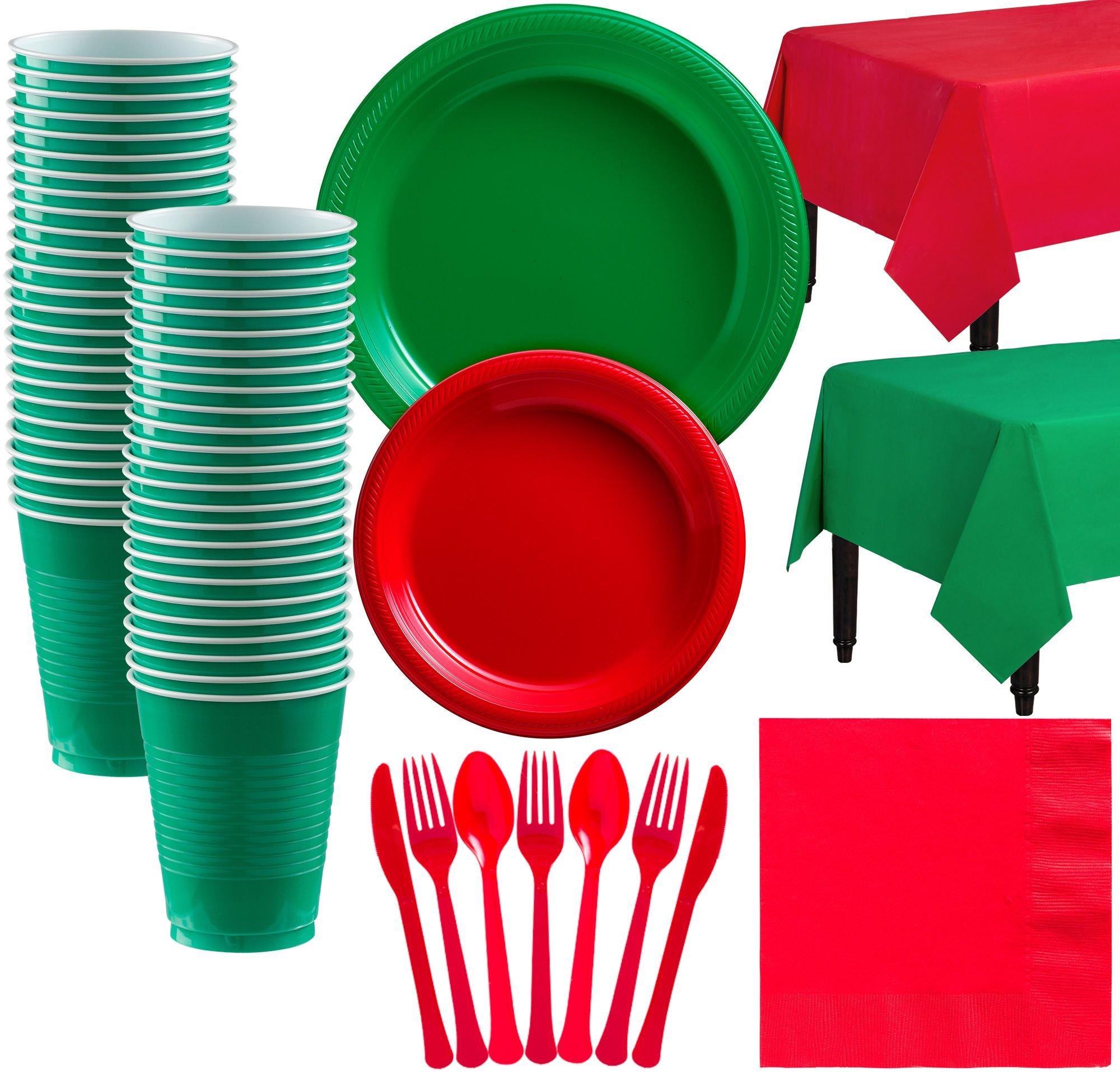 Red & Festive Green Plastic Tableware Kit for 50 Guests Party City