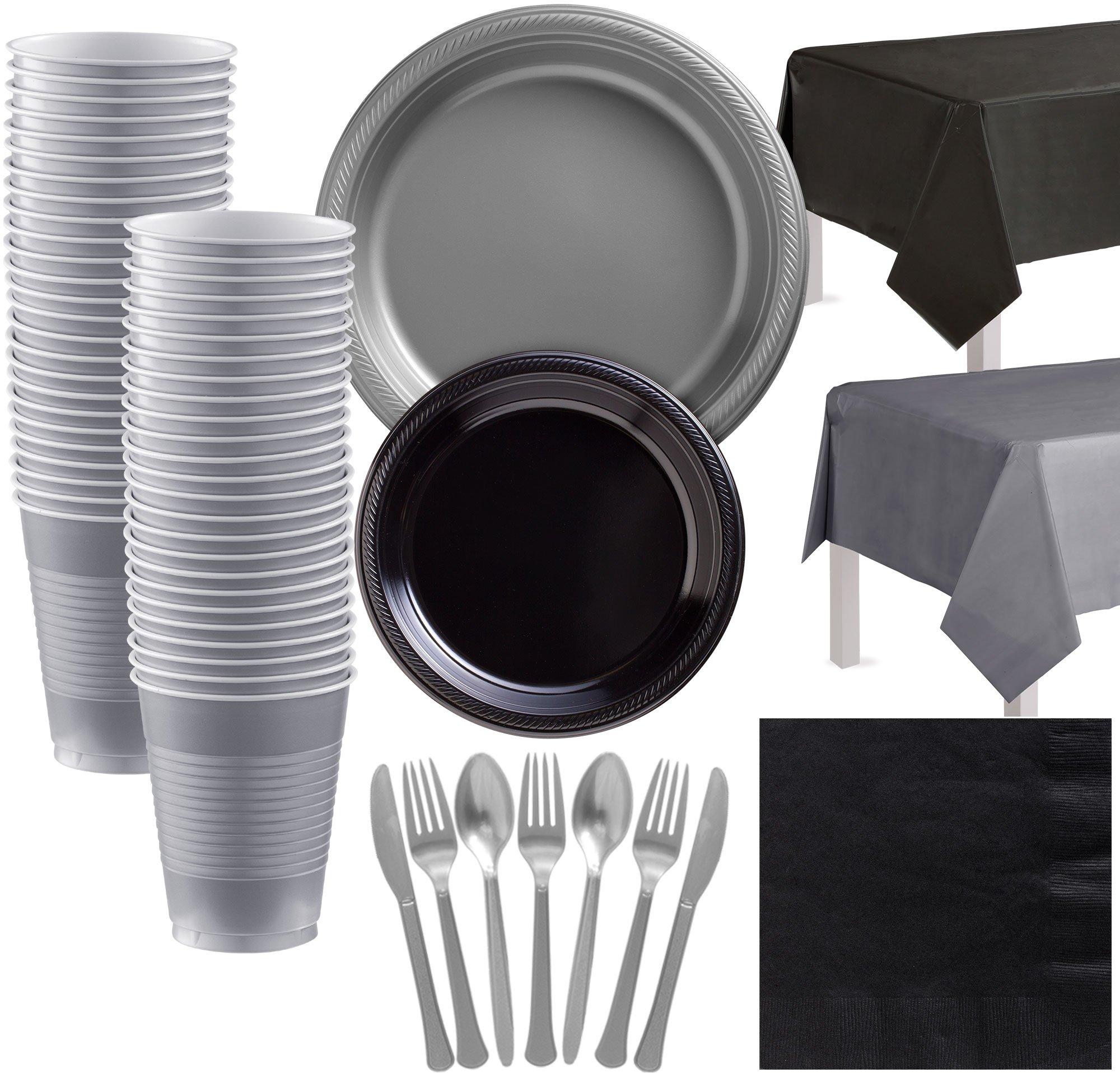 Black & Silver Plastic Tableware Kit for 50 Guests