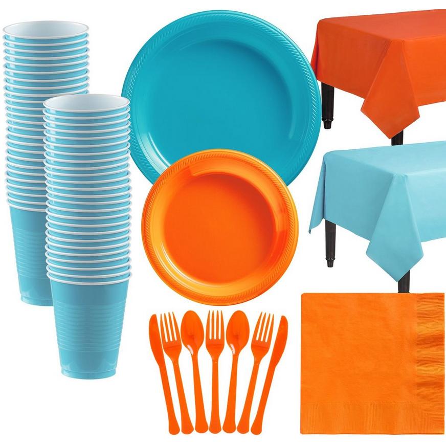 Carribean Blue & Orange Tableware Kit for 50 Guests