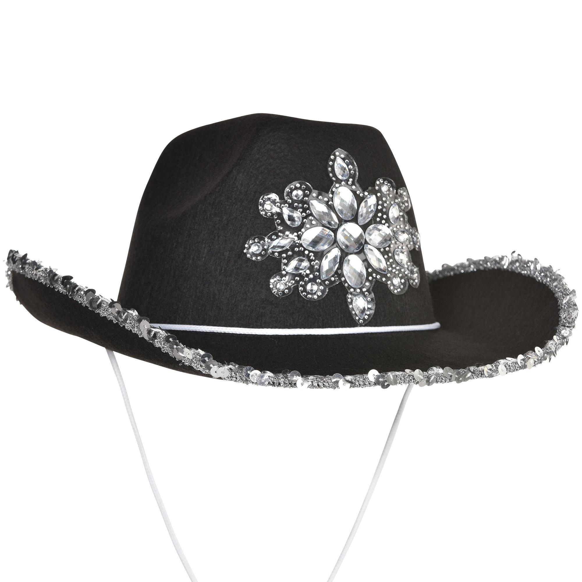 Womens Cowboy Hat - Cute, Fluffy, Sparkly Cowgirl Hat with Feathers for  Halloween Costume, Dress Up Birthday, Bachelorette Party Accessories (Black)  