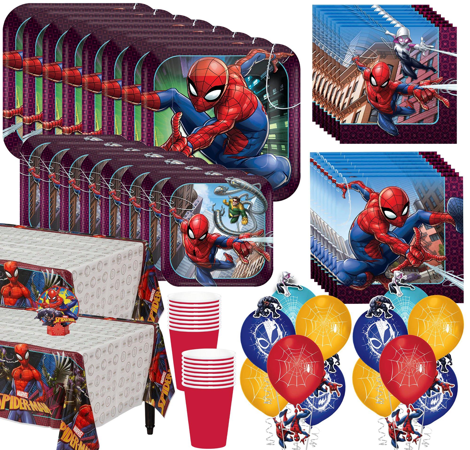 Spiderman Ultimate Party Supplies Pack for 16 Guests - Kit Includes Plates, Napkins, Cups, Table Covers, Centerpiece & Themed Latex Balloons