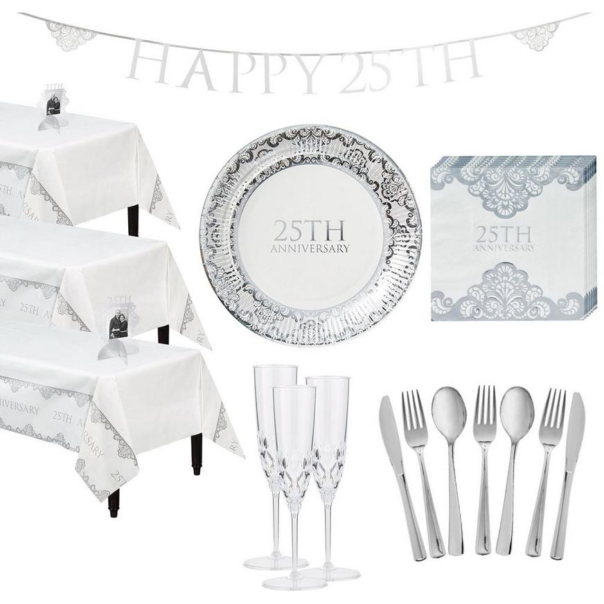 Metallic Silver 25th Anniversary Tableware Kit for 50 Guests