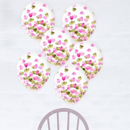 6ct, 12in, Metallic Gold & Pink Heart Confetti Balloons