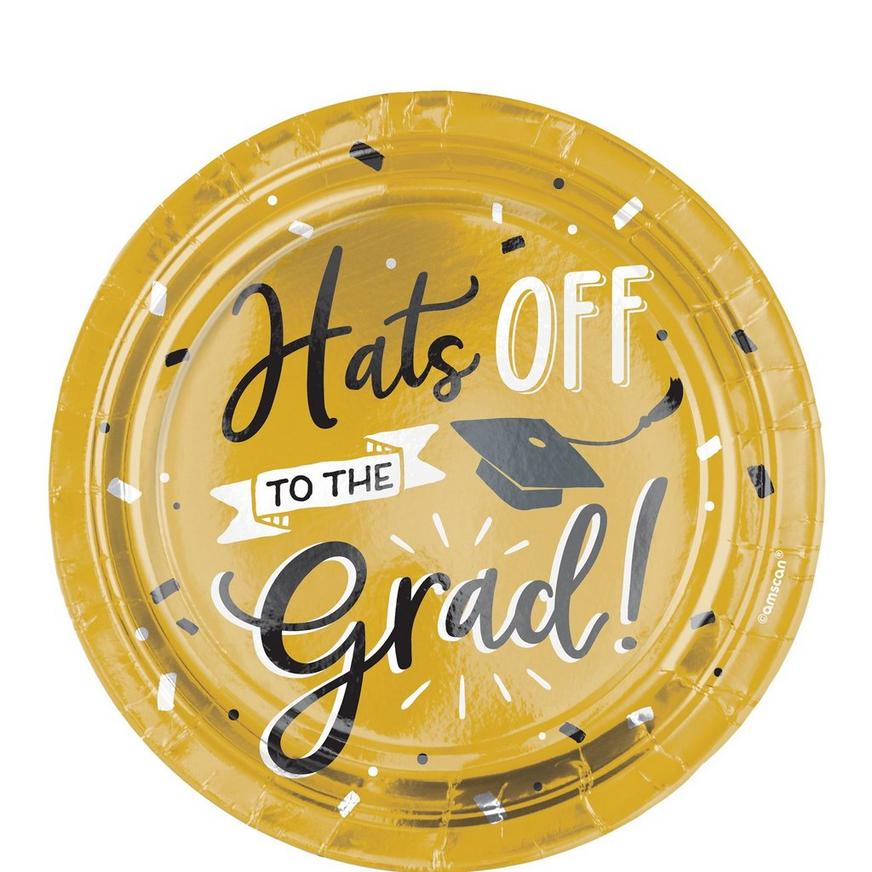 Black & Gold Hats Off Graduation Paper Dessert Plates, 7in, 8ct