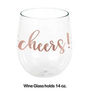 Metallic Rose Gold Cheers Plastic Stemless Wine Glass, 14oz - Rosé All Day