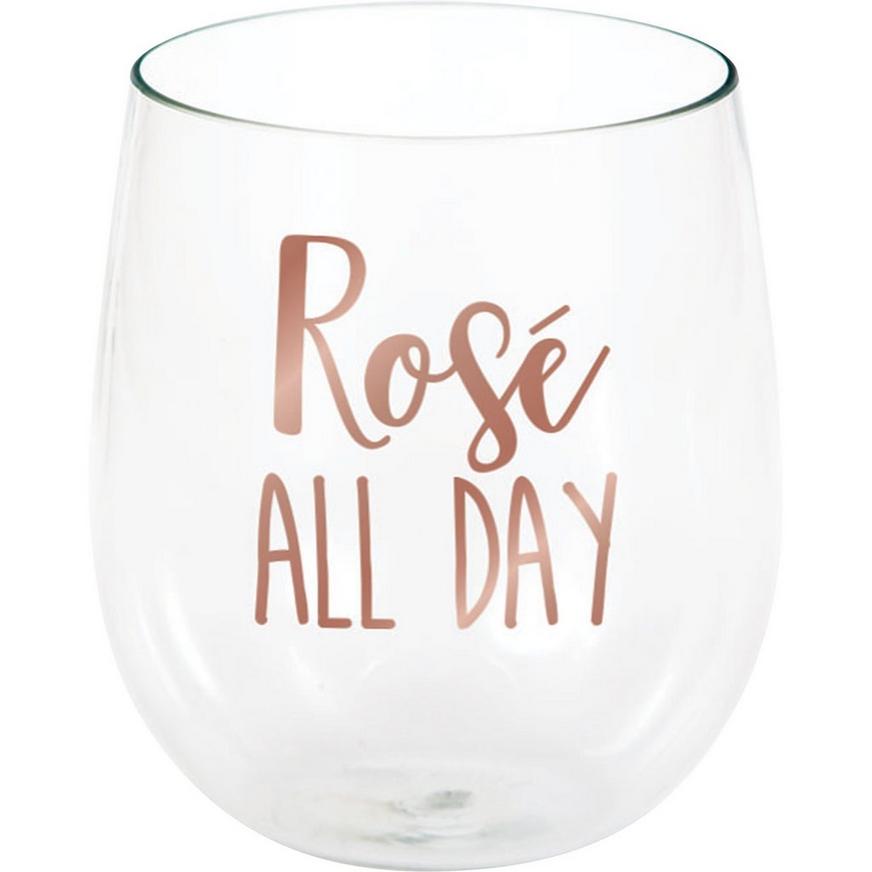 Metallic Rose Gold Rosé All Day Plastic Stemless Wine Glass, 14oz