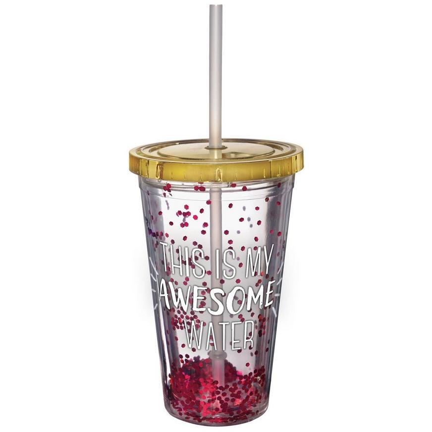 Pink Glitter This is My Awesome Water Plastic Double Wall Tumbler with Straw, 16oz